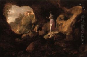 Ulysses And Athena In A Cave With The Temple Of The Sibyl At Tivoli Beyond by Abraham van Cuylenborch