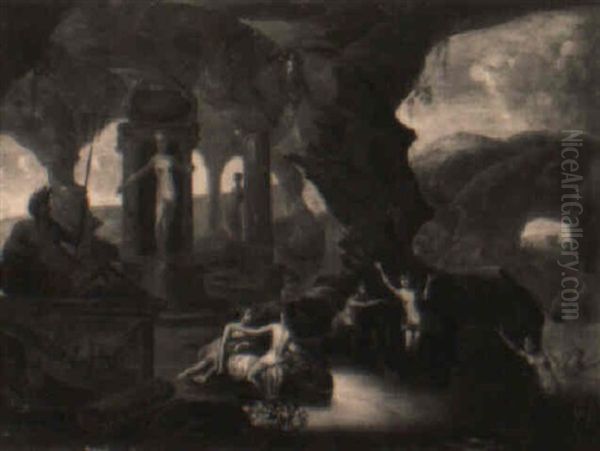 Nymphs Bathing In Grottos By Classical Statues - view 1