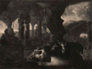 Nymphs Bathing In Grottos By Classical Statues by Abraham van Cuylenborch