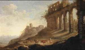 An Italianate Landscape With Classical Ruins, A Castle Beyond by Abraham van Cuylenborch