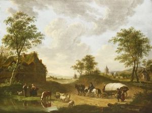 A Road Through A Village With A Horse-drawn Covered Wagon, Figures, Cattle And Sheep By A Pond In The Foreground by Cornelis van Cuylenburg