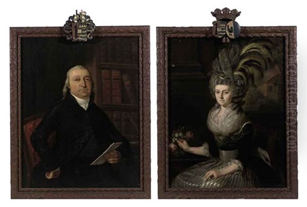 Portrait Of Simon De Jongh Van Son In A Black Costume With A White Jabot, Seated In His Library (+ Portrait Of Charlotte Hahn In A Silver And Black Dress With Lace Collar And Cuffs And A Feathered Hat; Pair) - view 1