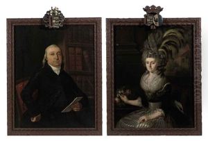 Portrait Of Simon De Jongh Van Son In A Black Costume With A White Jabot, Seated In His Library (+ Portrait Of Charlotte Hahn In A Silver And Black Dress With Lace Collar And Cuffs And A Feathered Hat; Pair) by Cornelis van Cuylenburg