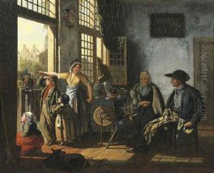 A Woman And Her Children In An Interior By An Open Door, An Old Couple By A Spinning Wheel Seated Nearby, Townsfolk Beyond by Cornelis van Cuylenburg