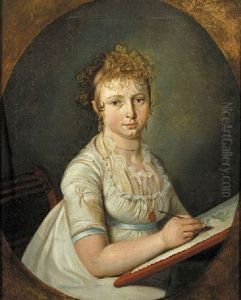 Portrait Of A Woman Seated, Wearing A White Dress With Lace Chemise, A Blue Ribbon Around Her Waist