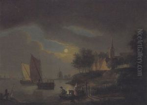 Hollandische Flusslandschaft Mit Einem Dorf, Booten Und Einer Windmuhle by Cornelis van Cuylenburg