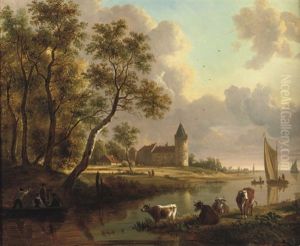 A Wooded River Landscape With Cows, And Figures In A Rowing Boat, A Castle And Sailing Vessels Beyond