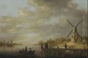 A River Landscape With A Windmill And Gentlefolk In A Rowing Boat And On A Jetty In The Foreground by Aelbert Cuyp