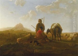 Two Shepherds With A Mule And A Dog In A Hilly Landscape