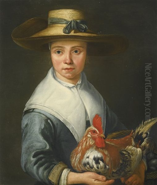 Young Lady In A Straw Hat Holding A Cockerel And A Basket Of Eggs - view 1