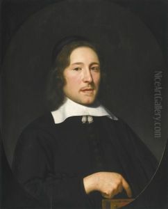 Portrait Of A Man, Half-length, Wearing Black With A White Collar And A Black Hat, Holding A Book