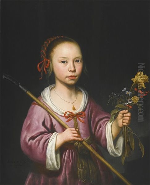 Portrait Of A Young Girl As A Shepherdess, Holding A Sprig Of Flowers - view 1