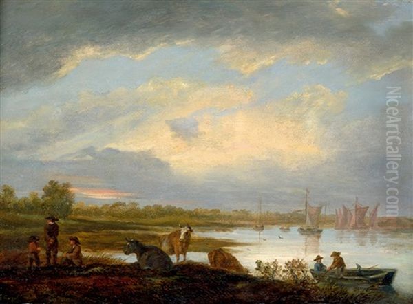 Maaslandschaft Mit Fischerbooten, Im Vordergrund Weidendes Vieh - view 1