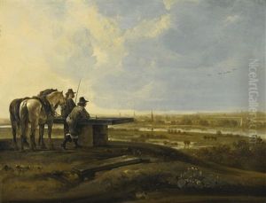 Panoramic Landscape With Travelers Standing At The 'koningstafel' On The Heimenberg, Near The City Of Rhenen