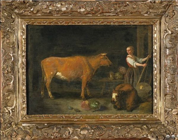 Jeune Fermiere, Vache Et Veau A L"etable - view 1