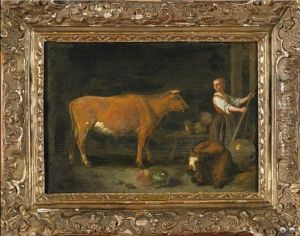 Jeune Fermiere, Vache Et Veau A L"etable by Aelbert Cuyp