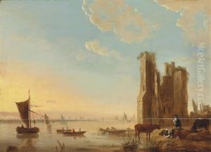 A River Landscape With A Herdsman And His Cattle Resting By A Ruined Tower, Kaags And Other Vessels On The Calm Waters by Aelbert Cuyp