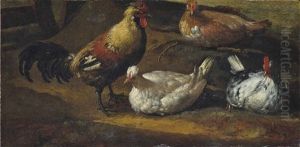 A Cockerel And Three Hens In A Landscape: A Fragment