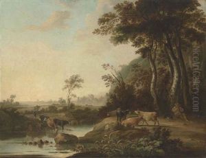 A Wooded Landscape With A Herdsman And His Cattle By A Stream, A Village Beyond by Aelbert Cuyp