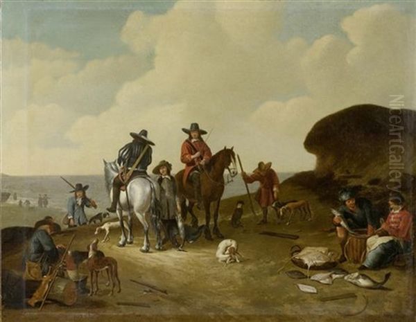 Zwei Reiter Bei Fischern Vor Einer Weiten Dunenlandschaft - view 1