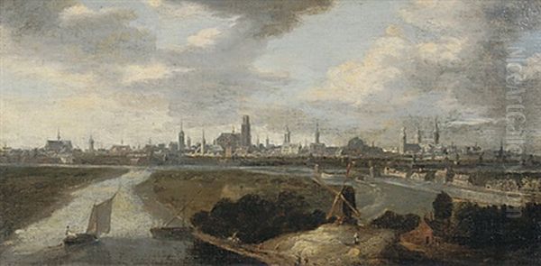 Fluslandschaft Mit Niederlandischer Stadt Und Windmuhle - view 1