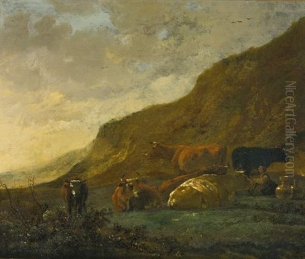 A Dairy Maid With Six Cows In A Landscape - view 1