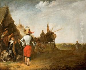 Genreszene. In Einer Weiten Landschaft Mehrere Figuren, Gekleidet Im Niederlandischen Stil Des 16. Jahrhunderts, Vor Einer Hutte