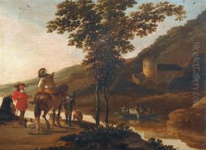 Italienische Flusslandschaft Mit Fahre Und Reitergesellschaft by Aelbert Cuyp