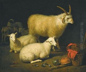 A Barn Interior With A Four-horned Ram And Four Ewes, And A Goat, With A Still Life Of A Basket And Upturned Pots To The Right by Aelbert Cuyp