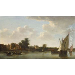 A View Of A River With A Ferry Crossing (the "zwijndrechtse Veer", With Several Sailing Vessels?) by Aelbert Cuyp