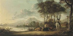 A Wooded Landscape With Herdsmen And Travellers On A Track Before A Lake