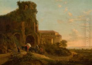 Kustenlandschaft Mit Ruinen Und Bauern Mit Beladenen Maultieren
