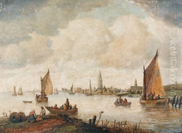Belebte Flusslandschaft Mit Segelboooten Und Einer Stadt - view 1