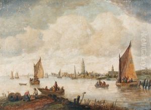 Belebte Flusslandschaft Mit Segelboooten Und Einer Stadt
