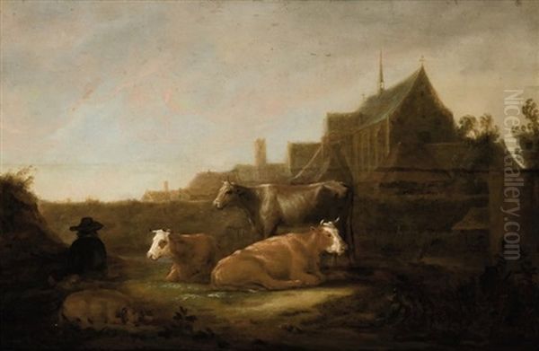 A Herdsman In A Field, The Duitsche Huis And Mariakerk, Utrecht Beyond - view 1