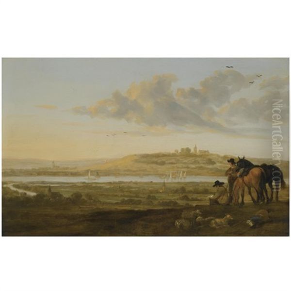 A Shepherd And Two Cavaliers Resting On A Point Looking Out Over The Countryside Near Elten, On The Borders Of Holland And Germany - view 1