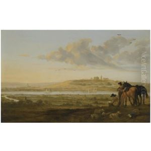 A Shepherd And Two Cavaliers Resting On A Point Looking Out Over The Countryside Near Elten, On The Borders Of Holland And Germany by Aelbert Cuyp