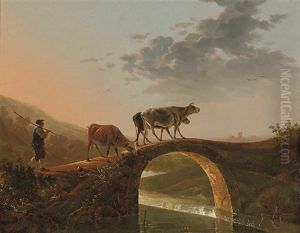 A River Landscape With A Drover And His Cattle Crossing A Bridge A River Landscape With A Drover And His Cattle Crossing A Bridge