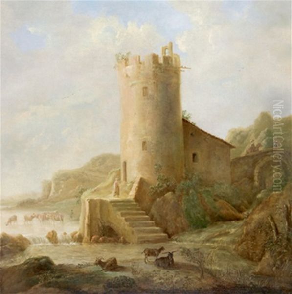 Gebirgige Flusslandschaft Mit Einem Turm, Einer Herde Mit Hirt Und Einem Reiter Auf Einer Steinernen Brucke - view 1