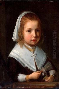 Portrait Of A Child In A Black Dress With A White Lace Collar And Bonnet, Holding A Fan