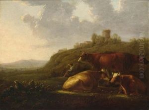 A Hilly Landscape With A Shepherdess Resting With Her Cattle, A View Of A Town Beyond A Hilly Landscape With A Shepherdess Resting With Her Cattle, A View Of A Town Beyond