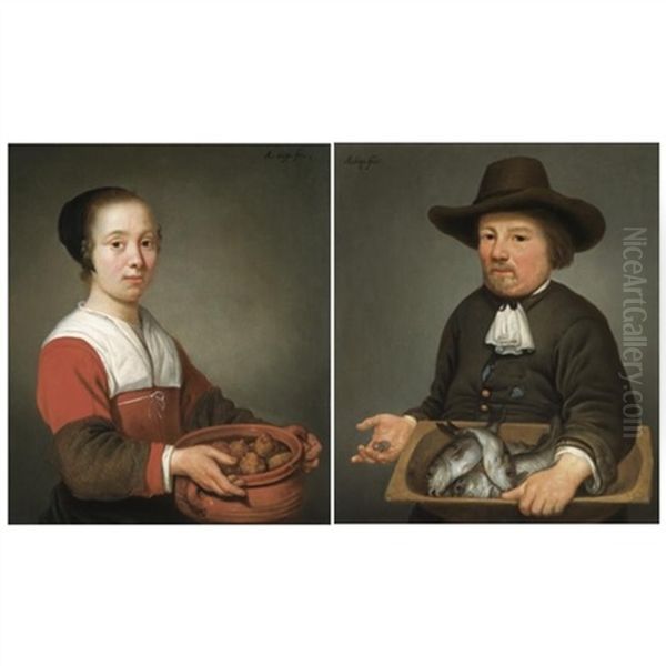 A Young Maid Holding A Terracotta Bowl Full Of Dumplings (+ A Fishmonger Holding A Basin Full Of River Fish And Holding A Handful Of Coins In His Right Hand; Pair) - view 1