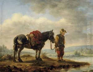 Am Flusufer. Junger Reisender Mit Seinem Pferd An Einer Furt Am Flusufer. Junger Reisender Mit Seinem Pferd An Einer Furt