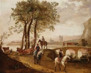 Reiter Auf Einer Brucke, Im Hintergrund Eine Stadt by Aelbert Cuyp