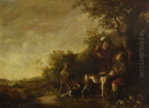 Rastende Jager Mit Ihren Hunden Am Waldrand