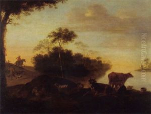 Flusslandschaft Mit Melkerin Und Vieh, Eine Jagdgesellschaft Im Mittelgrund by Aelbert Cuyp