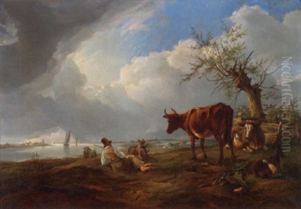 A River Landscape With A Herd Of Cows And A Figure With His Dog Resting In The Foreground - view 1