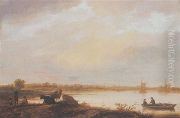 An Extensive River Landscape With Fishermen In A Boat, And Cows And Three Boys Standing On The Land - view 1