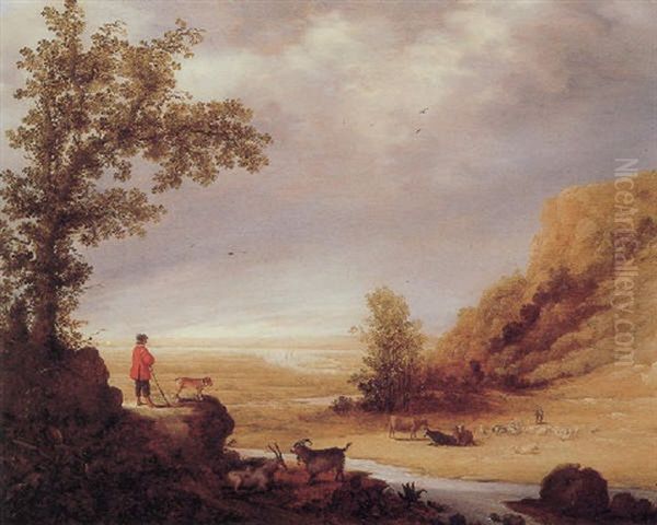 An Extensive River Landscape With A Shepherd And His Dog, Watching His Flock - view 1
