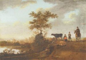 A River Landscape With A Gentleman On Horseback And Cows On A Track by Aelbert Cuyp